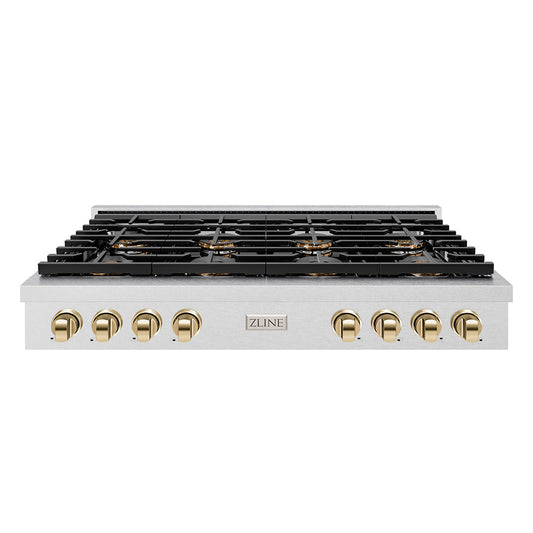 ZLINE Autograph 48" Paramount Gas Rangetop with 8 Burner DuoPro™ Cooktop in Satin Stainless Steel and Polished Gold Accents, PSRTSZ-48-G