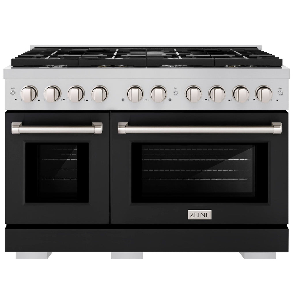 ZLINE 48 in. Paramount Double Oven Dual Fuel Range, 6.7 cu. ft., 8 Burner Gas Cooktop, Electric Convection Ovens, Stainless Steel with Black Matte Doors, SDR-BLM-48