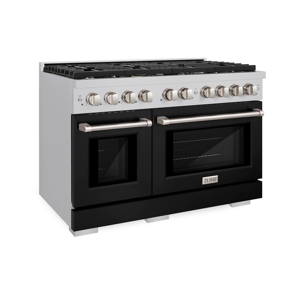 ZLINE 48 in. Paramount Double Oven Dual Fuel Range, 6.7 cu. ft., 8 Burner Gas Cooktop, Electric Convection Ovens, Stainless Steel with Black Matte Doors, SDR-BLM-48