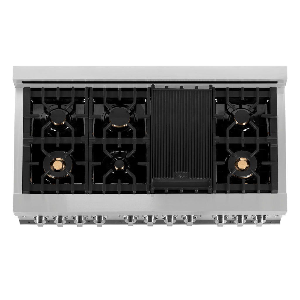ZLINE 48" Dual Fuel Range with Gas Cooktop, Electric Convection Oven, Brass Burners and Griddle in Stainless Steel (RA-BR-GR-48)