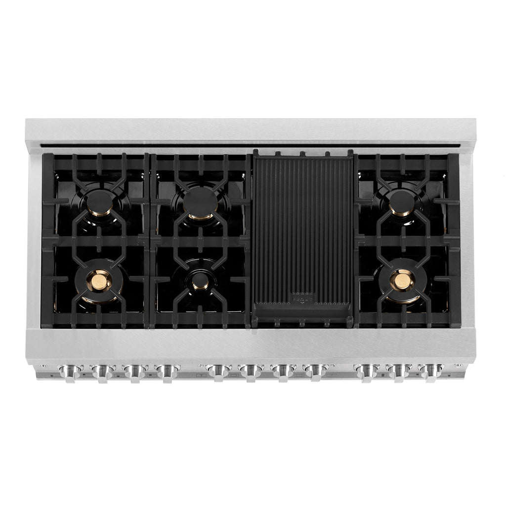 ZLINE 48 in. 6.0 cu. ft. Legacy Dual Fuel Range with 6 Brass Burners and Griddle, 2 Electric Ovens, Satin Stainless Steel (RAS-SN-BR-GR-48)