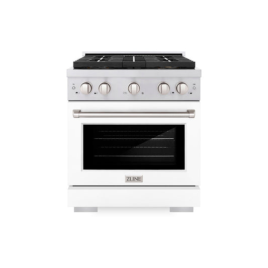 ZLINE 30 in. Dual Fuel Range – 4.2 cu. ft. Capacity – 4 Burner DuoPro™ Cooktop, Electric Convection Oven, White Matte Door (PSDR-WM-30)