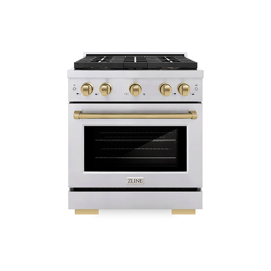 ZLINE 30 in. Dual Fuel Range 4.2 cu. ft. 4 Burner DuoPro™ Cooktop Electric Convection Oven Stainless Steel Champagne Bronze Accents (PSDRZ-30-CB)