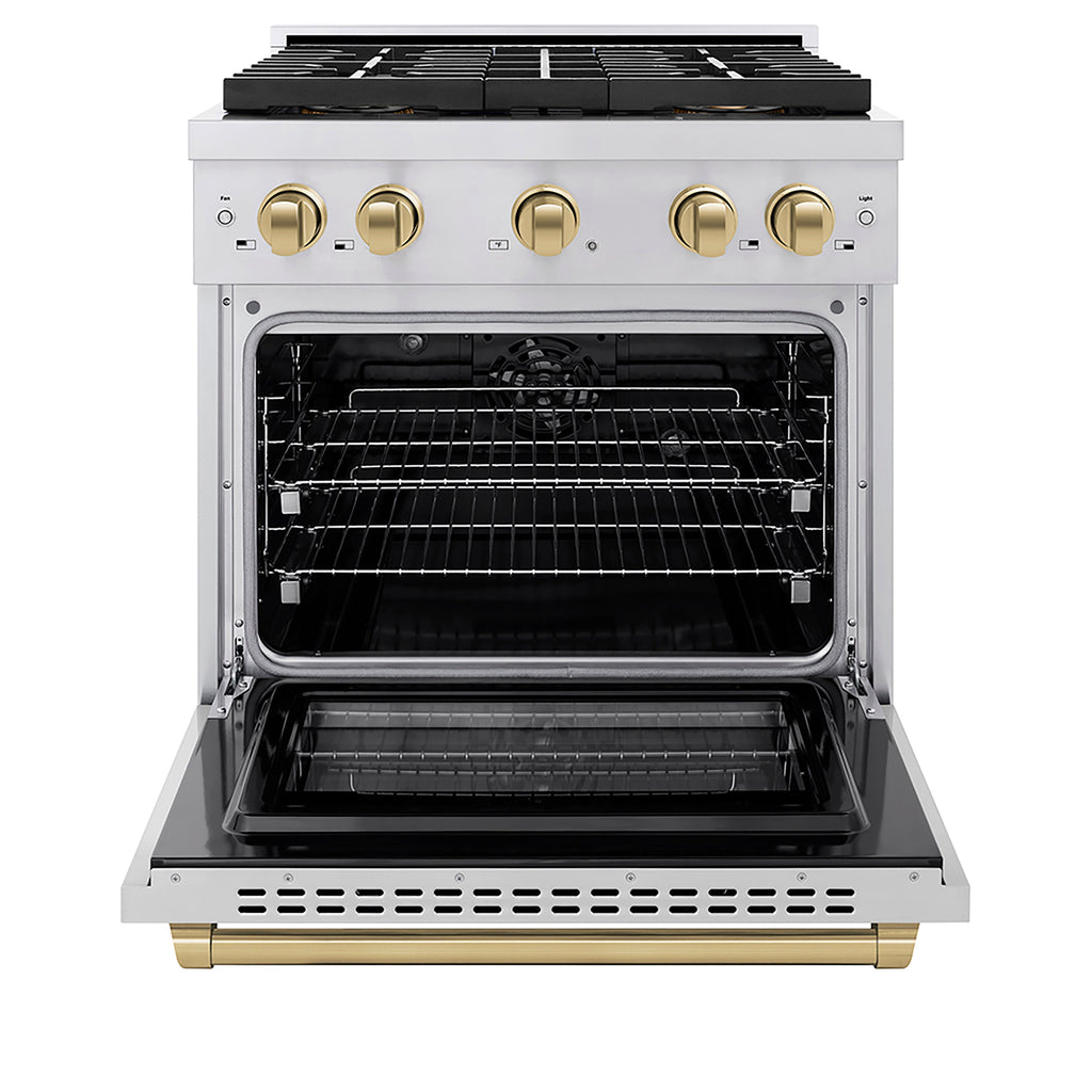 ZLINE 30 in. Dual Fuel Range 4.2 cu. ft. 4 Burner DuoPro™ Cooktop Electric Convection Oven Stainless Steel Champagne Bronze Accents (PSDRZ-30-CB)
