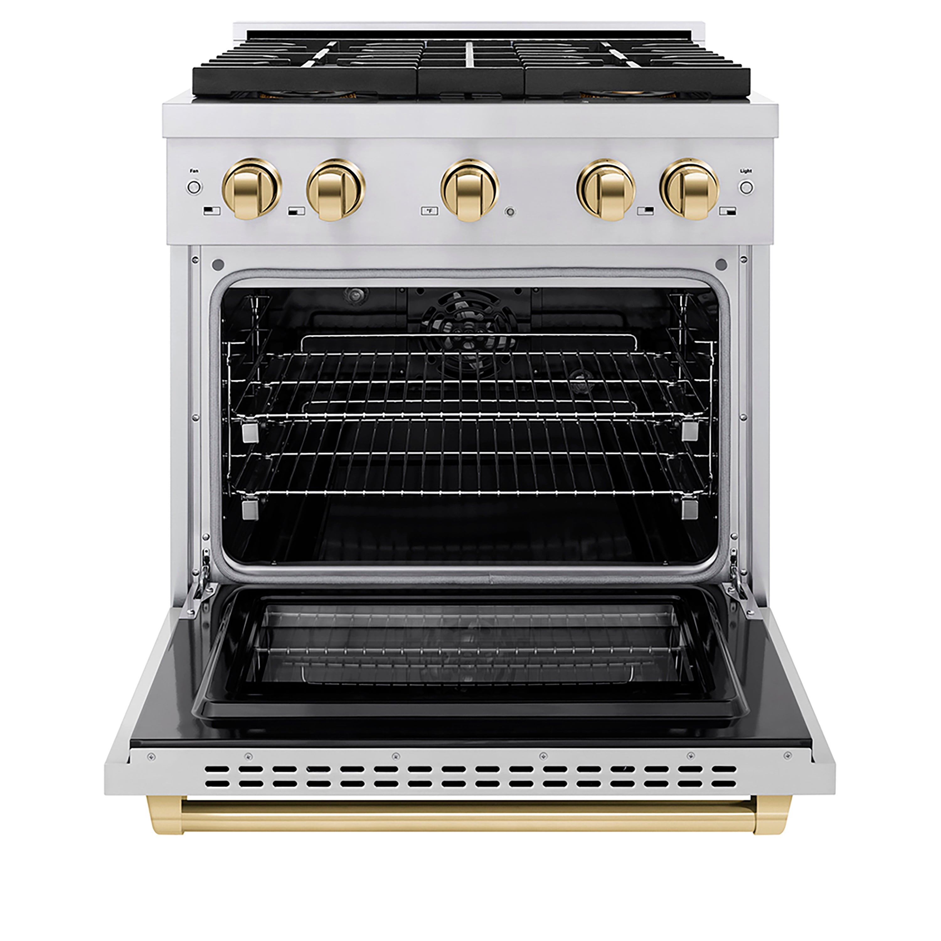 ZLINE 30 in. Dual Fuel Range 4.2 cu. ft. Paramount Series with 4 Burner DuoPro™ Cooktop, Electric Convection Oven, Stainless Steel with Polished Gold Accents (PSDRZ-30-G)
