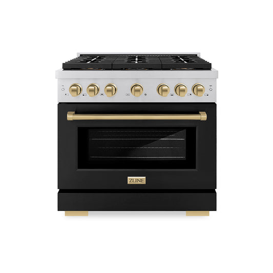 ZLINE 36 in. Dual Fuel Range 5.2 cu. ft. 6 Burner DuoPro™ Cooktop Electric Convection Oven Black Matte Door Champagne Bronze Accents (PSDRZ-BLM-36-CB)