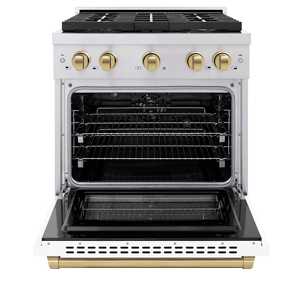 ZLINE 30 in. Paramount Dual Fuel Range 4.2 cu. ft. – 4 Burner DuoPro™ Cooktop, Electric Convection Oven, Stainless Steel, White Matte Door, Champagne Bronze Accents (PSDRZ-WM-30-CB)