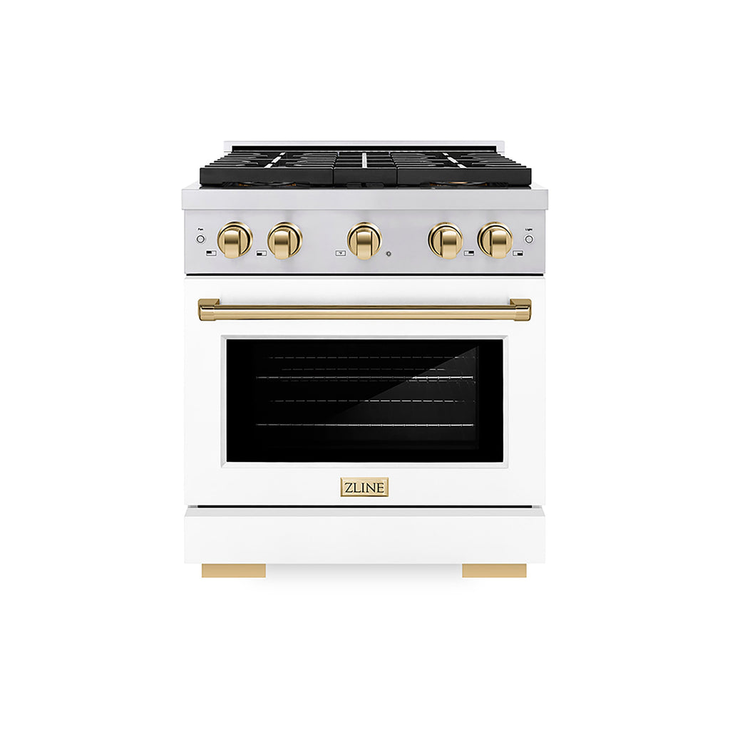 ZLINE 30 in. Dual Fuel Range 4.2 cu. ft. 4 Burner DuoPro™ Cooktop Electric Convection Oven White Matte Door Polished Gold Accents (PSDRZ-WM-30-G)