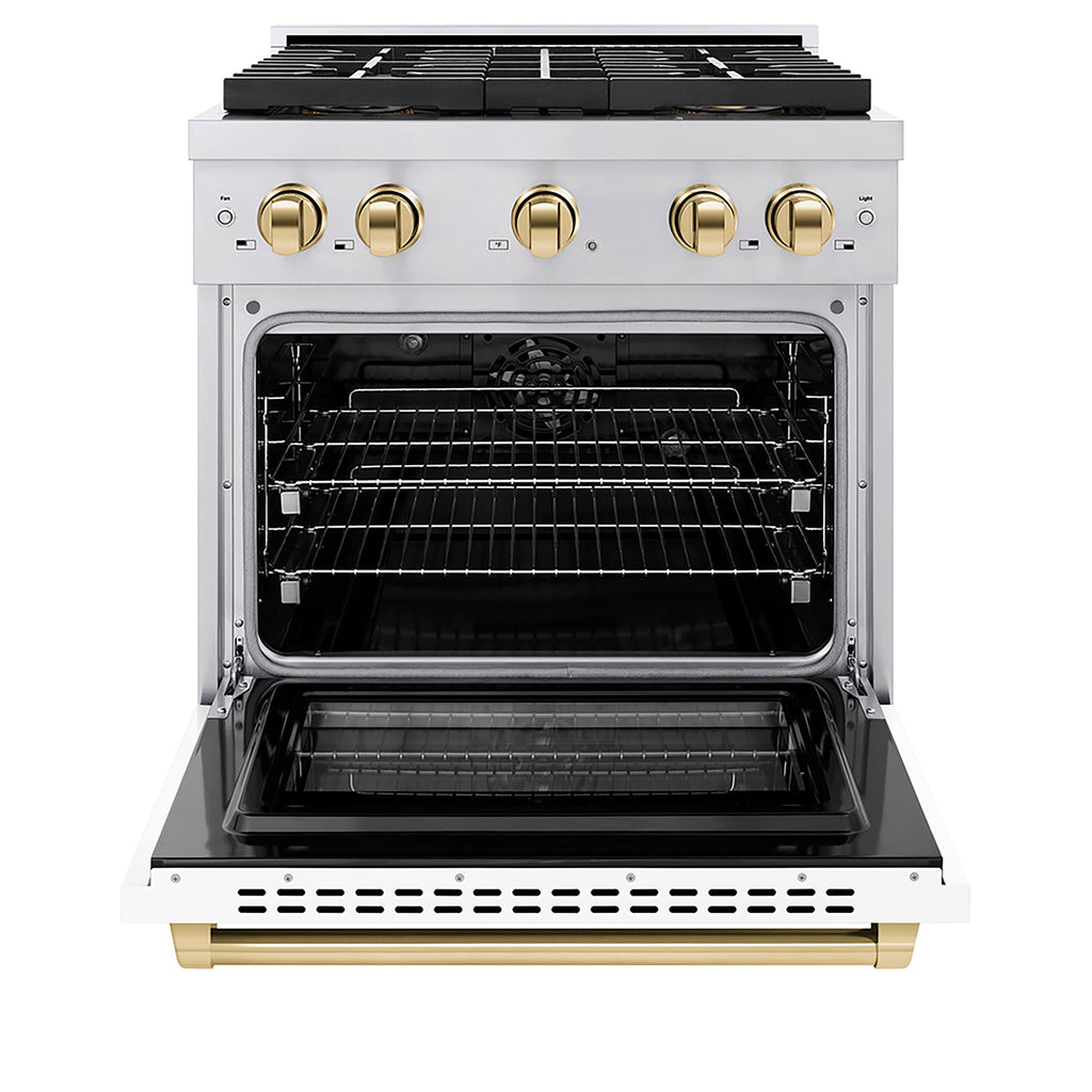 ZLINE 30 in. Dual Fuel Range 4.2 cu. ft. 4 Burner DuoPro™ Cooktop Electric Convection Oven White Matte Door Polished Gold Accents (PSDRZ-WM-30-G)
