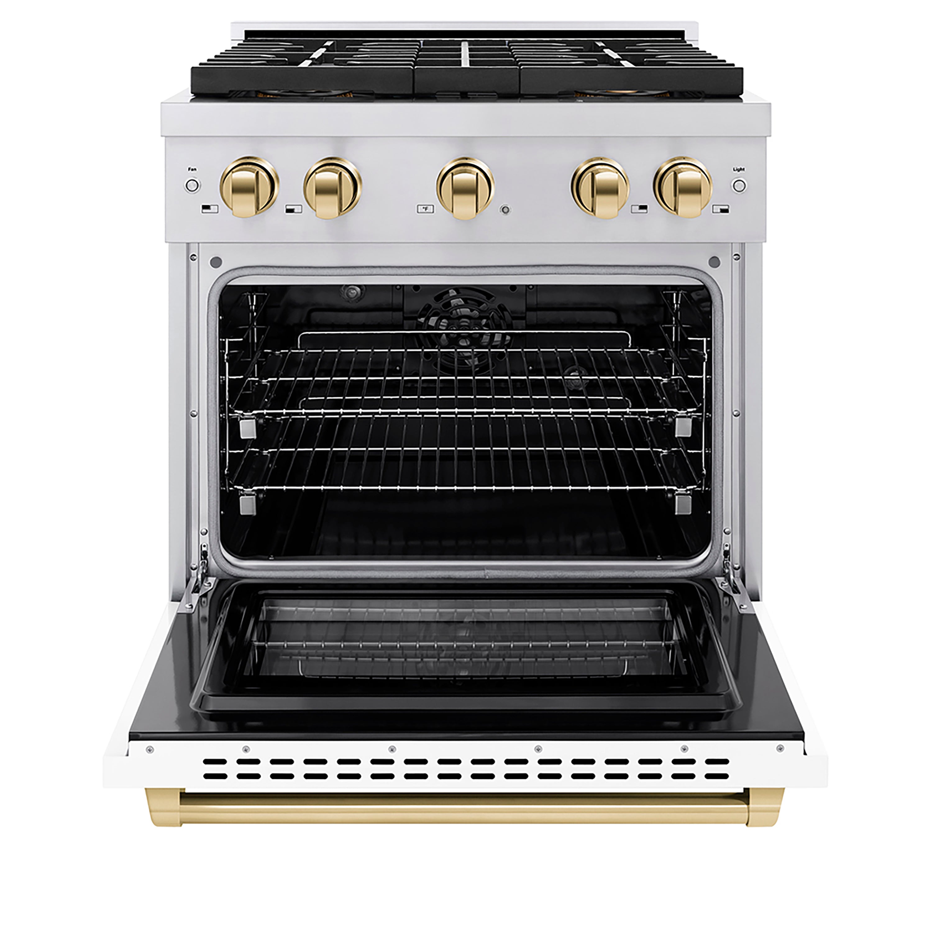 ZLINE 30 in. Dual Fuel Range 4.2 cu. ft. 4 Burner DuoPro™ Cooktop Electric Convection Oven White Matte Door Polished Gold Accents (PSDRZ-WM-30-G)