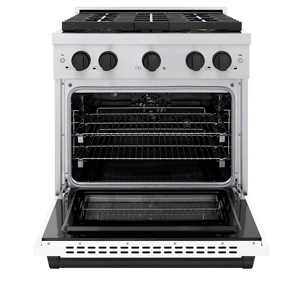 ZLINE 30 in. Dual Fuel Range 4.2 cu. ft. 4 Burner DuoPro™ Cooktop Electric Convection Oven Stainless Steel White Matte Door Matte Black Accents (PSDRZ-WM-30-MB)