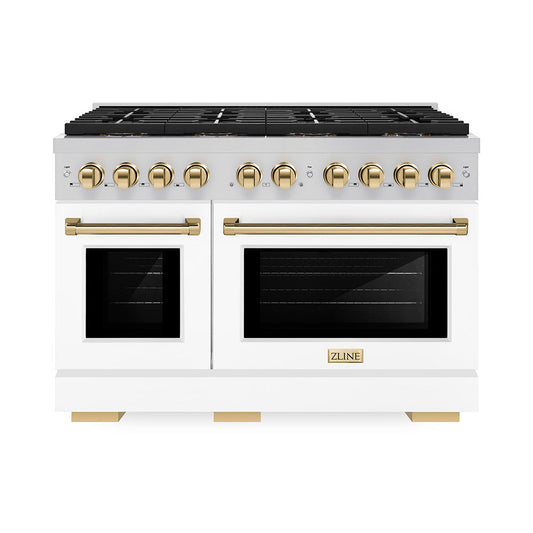 ZLINE 48 in. Dual Fuel Range 6.7 cu. ft. with 8 Burner DuoPro™ Cooktop, Dual Ovens, White Matte Doors and Polished Gold Accents (PSDRZ-WM-48-G)