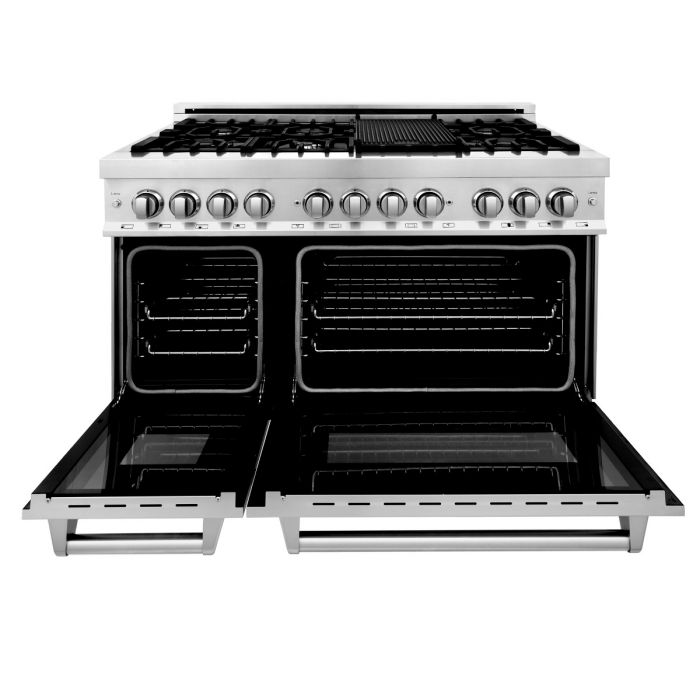 ZLINE Appliance Package - 48" Dual Fuel Range, Range Hood, Refrigerator, Microwave Drawer, Dishwasher and Wine Cooler, 6KPR-RARH48-MWDWV-RWV