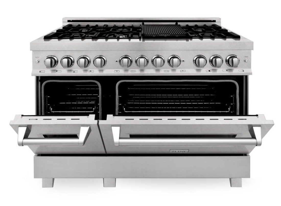 ZLINE 48 in. Kitchen Appliance Package with Satin Stainless Dual Fuel Range, Ducted Vent Range Hood and Tall Tub Dishwasher, 3KP-RASRH48-DWV