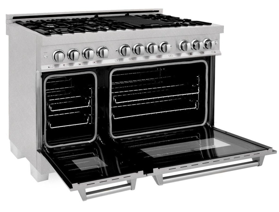 ZLINE 48 in. Kitchen Appliance Package with Satin Stainless Dual Fuel Range, Ducted Vent Range Hood and Tall Tub Dishwasher, 3KP-RASRH48-DWV