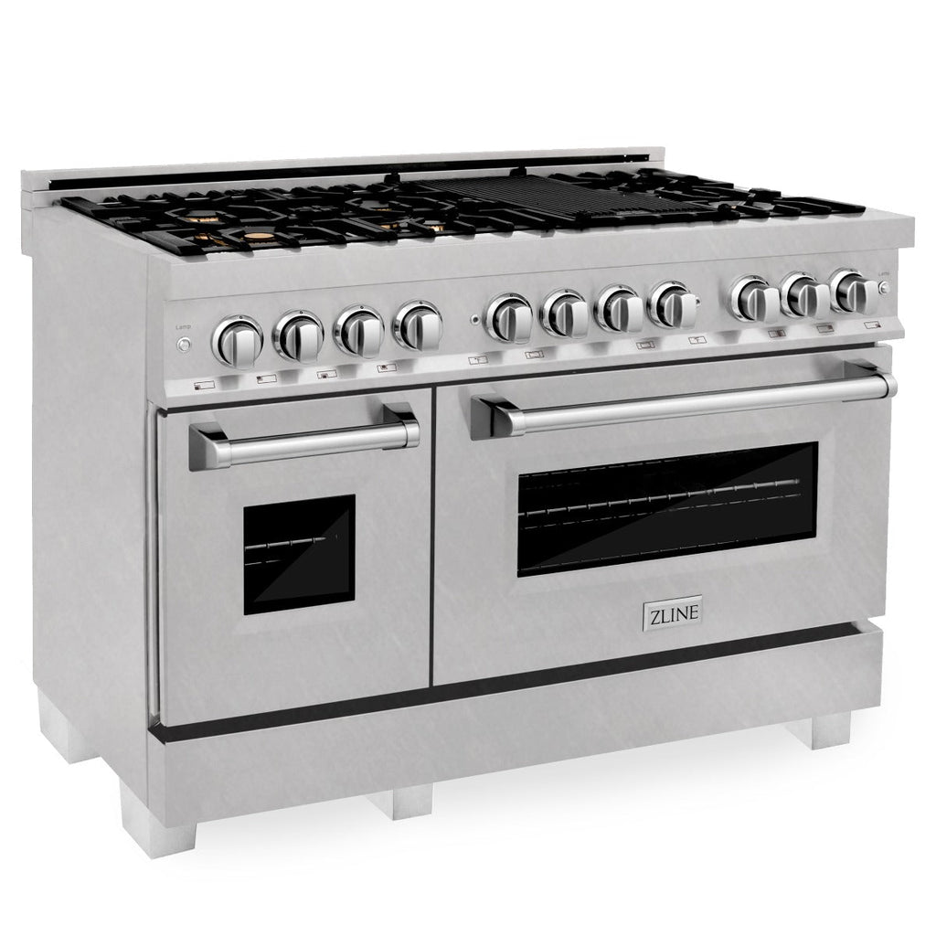 ZLINE 48 in Dual Fuel Range with 6 Sealed Brass Burners, Double Electric Convection Ovens, Satin Stainless Steel Door, 6.0 cu. ft. Total Capacity (RAS-SN-BR-48)