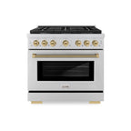 ZLINE 36 in. Dual Fuel Range 5.2 cu. ft. 6 Burner Gas Cooktop Electric Convection Oven Stainless Steel Champagne Bronze Helix Handle & Knob Accents (SDRZ-36-KCB)