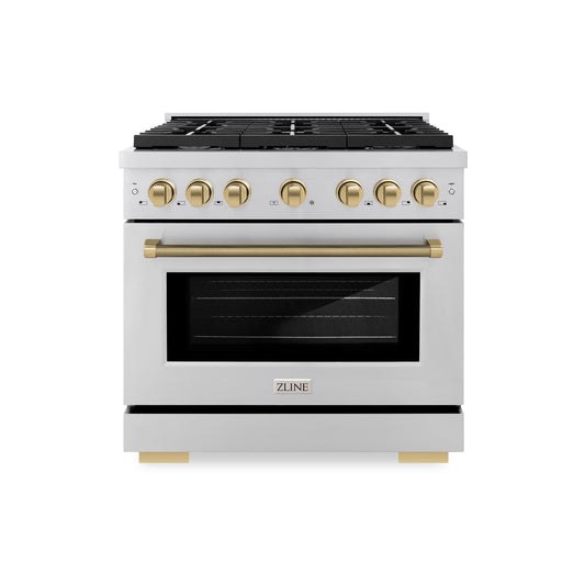 ZLINE 36 in. Dual Fuel Range 5.2 cu. ft. 6 Burner Gas Cooktop Electric Convection Oven Stainless Steel Champagne Bronze Helix Handle & Knob Accents (SDRZ-36-KCB)