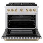 ZLINE 36 in. Dual Fuel Range 5.2 cu. ft. 6 Burner Gas Cooktop Electric Convection Oven Stainless Steel Champagne Bronze Helix Handle & Knob Accents (SDRZ-36-KCB)