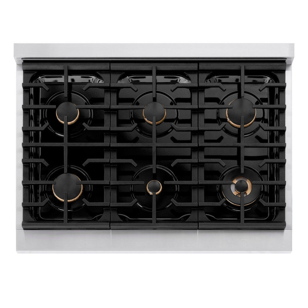 ZLINE 36 in. Dual Fuel Range 5.2 cu. ft. 6 Burner Gas Cooktop Electric Convection Oven Stainless Steel Champagne Bronze Helix Handle & Knob Accents (SDRZ-36-KCB)