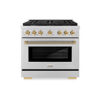 ZLINE 36 in. Dual Fuel Range 5.2 cu. ft. 6 Burner Gas Cooktop Electric Convection Oven Stainless Steel Polished Gold Helix Handle & Knobs (SDRZ-36-KG)