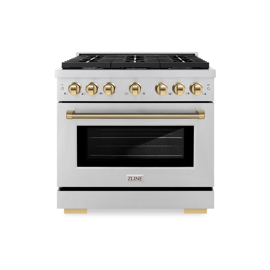 ZLINE 36 in. Dual Fuel Range 5.2 cu. ft. 6 Burner Gas Cooktop Electric Convection Oven Stainless Steel Polished Gold Helix Handle & Knobs (SDRZ-36-KG)