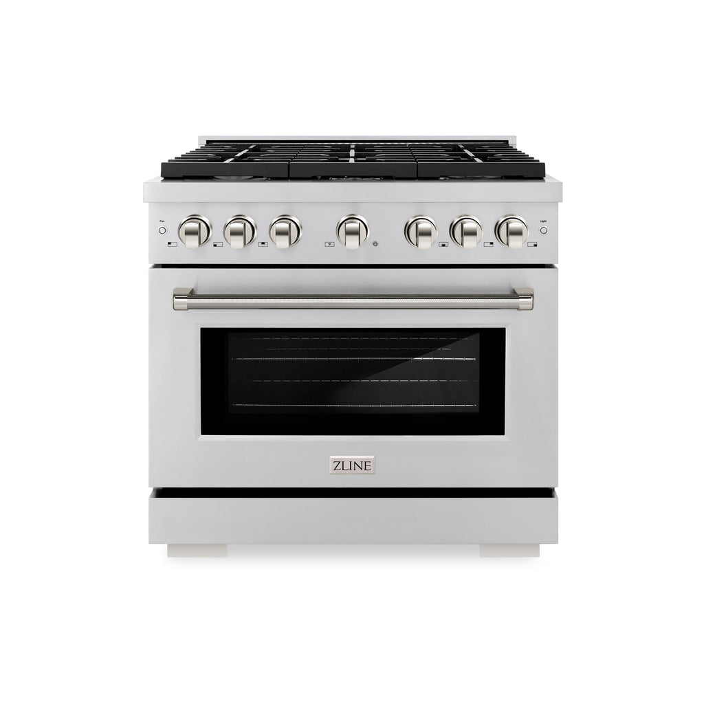 ZLINE 36 in. Dual Fuel Range 5.2 cu. ft. 6 Burner Gas Cooktop Electric Convection Oven Stainless Steel Polished Nickel Helix Handle & Knobs (SDRZ-36-KPN)