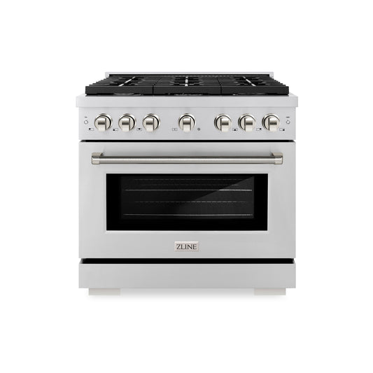 ZLINE 36 in. Dual Fuel Range 5.2 cu. ft. 6 Burner Gas Cooktop Electric Convection Oven Stainless Steel Polished Nickel Helix Handle & Knobs (SDRZ-36-KPN)