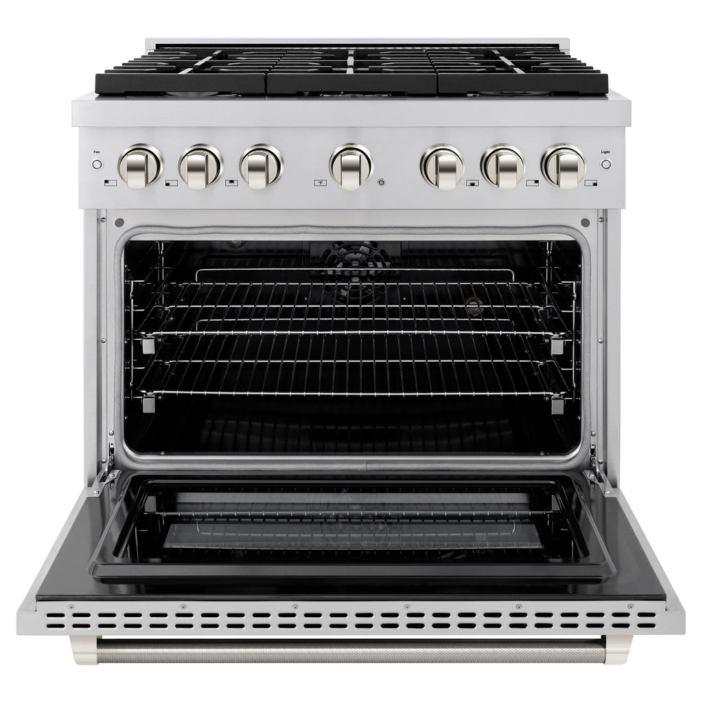 ZLINE 36 in. Dual Fuel Range 5.2 cu. ft. 6 Burner Gas Cooktop Electric Convection Oven Stainless Steel Polished Nickel Helix Handle & Knobs (SDRZ-36-KPN)