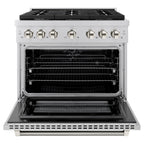 ZLINE 36 in. Dual Fuel Range 5.2 cu. ft. 6 Burner Gas Cooktop Electric Convection Oven Stainless Steel Polished Nickel Helix Handle & Knobs (SDRZ-36-KPN)