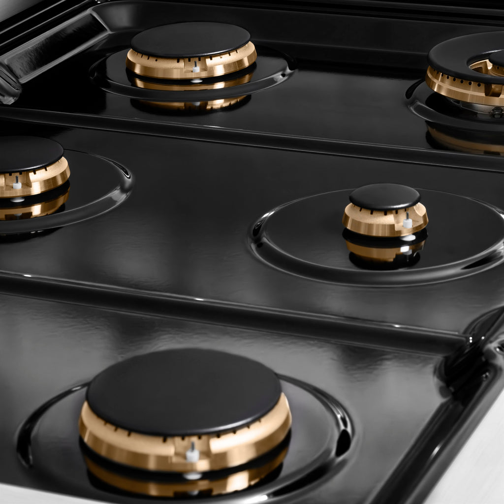 ZLINE 36 in. Dual Fuel Range 5.2 cu. ft. 6 Burner Gas Cooktop Electric Convection Oven Stainless Steel Polished Nickel Helix Handle & Knobs (SDRZ-36-KPN)