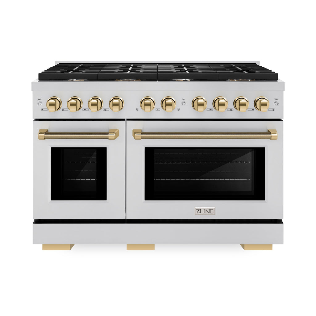 ZLINE 48 in. Dual Fuel Range – 6.7 cu. ft. Double Oven, 8 Burner Gas Cooktop, Stainless Steel with Polished Gold Helix Handles (SDRZ-48-KG)