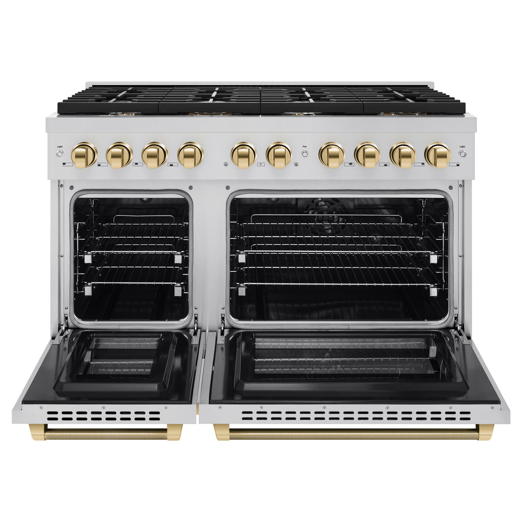 ZLINE 48 in. Dual Fuel Range – 6.7 cu. ft. Double Oven, 8 Burner Gas Cooktop, Stainless Steel with Polished Gold Helix Handles (SDRZ-48-KG)