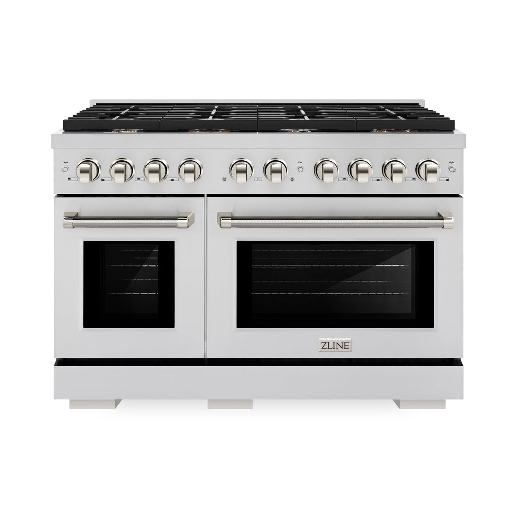 ZLINE 48 in. Dual Fuel Range Double Oven 6.7 cu. ft. 8 Burner Gas Cooktop Stainless Steel Polished Nickel Helix Handles (SDRZ-48-KPN)