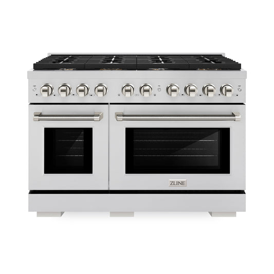 ZLINE 48 in. Dual Fuel Range Double Oven 6.7 cu. ft. 8 Burner Gas Cooktop Stainless Steel Polished Nickel Helix Handles (SDRZ-48-KPN)