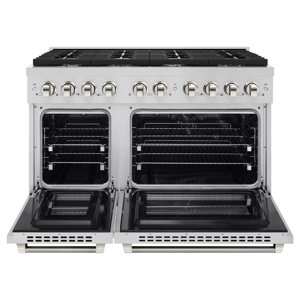 ZLINE 48 in. Dual Fuel Range Double Oven 6.7 cu. ft. 8 Burner Gas Cooktop Stainless Steel Polished Nickel Helix Handles (SDRZ-48-KPN)