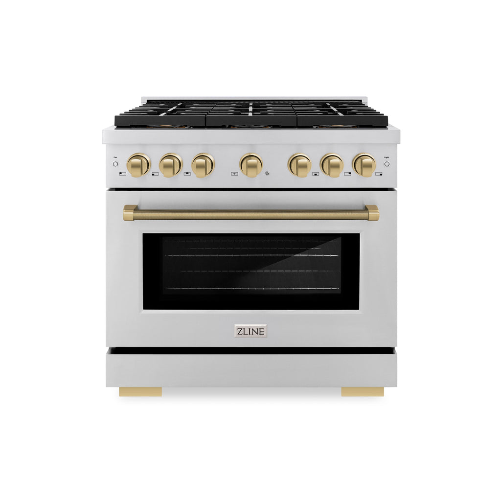 ZLINE 36 in. Dual Fuel Range 5.2 cu. ft. 6 Burner DuoPro™ Cooktop Electric Convection Oven Stainless Steel Champagne Bronze Handles (PSDRZ-36-KCB)