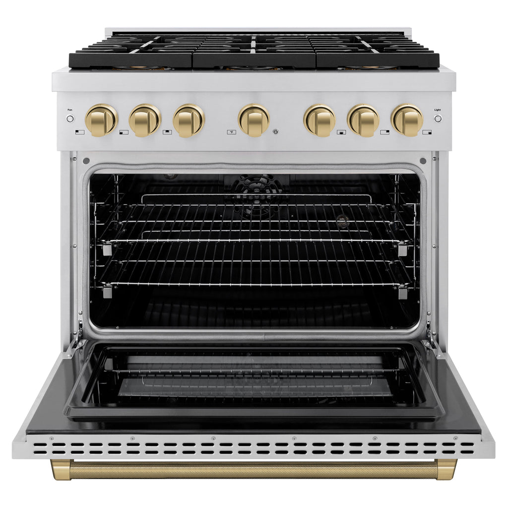 ZLINE 36 in. Dual Fuel Range 5.2 cu. ft. 6 Burner DuoPro™ Cooktop Electric Convection Oven Stainless Steel Champagne Bronze Handles (PSDRZ-36-KCB)