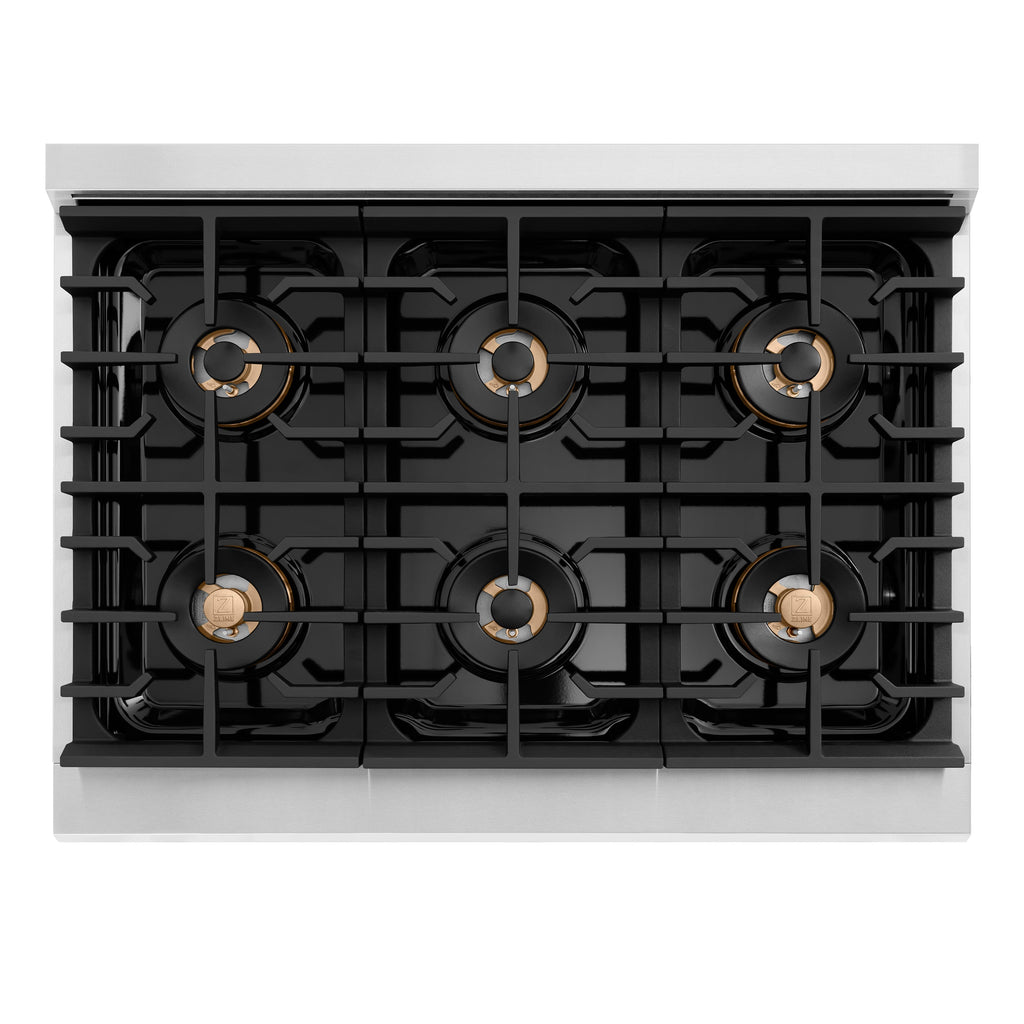 ZLINE 36 in. Dual Fuel Range 5.2 cu. ft. 6 Burner DuoPro™ Cooktop Electric Convection Oven Stainless Steel Champagne Bronze Handles (PSDRZ-36-KCB)