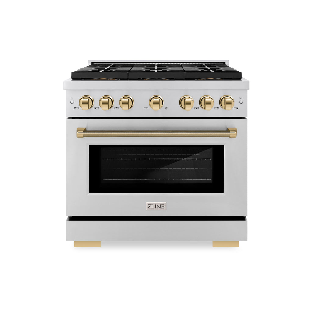 ZLINE 36 in. Dual Fuel Range 5.2 cu. ft. 6 Burner DuoPro™ Cooktop Electric Convection Oven Stainless Steel Polished Gold Accents (PSDRZ-36-KG)