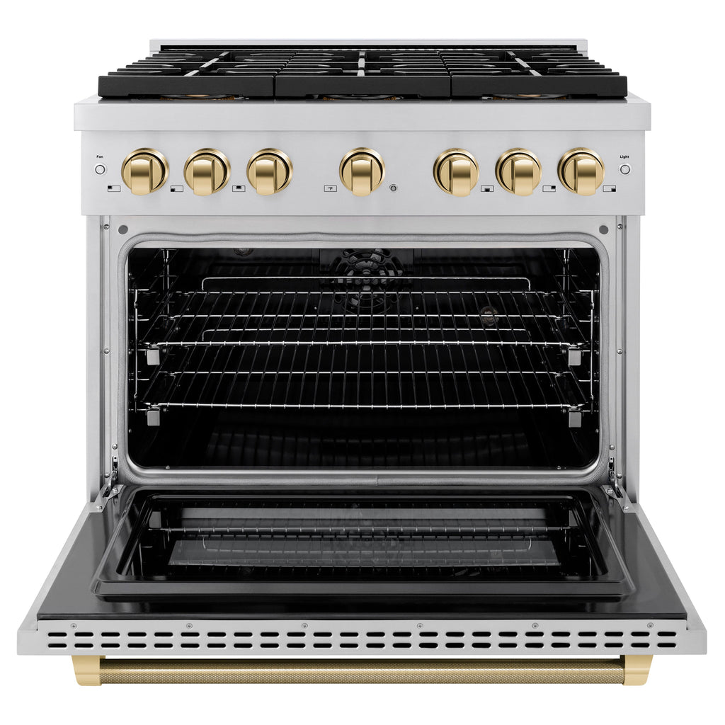 ZLINE 36 in. Dual Fuel Range 5.2 cu. ft. 6 Burner DuoPro™ Cooktop Electric Convection Oven Stainless Steel Polished Gold Accents (PSDRZ-36-KG)