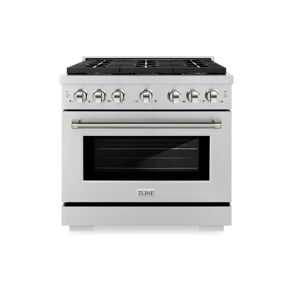 ZLINE 36 in. Dual Fuel Range 5.2 cu. ft. 6 Burner DuoPro™ Cooktop Electric Convection Oven Stainless Steel Polished Nickel Helix Handles (PSDRZ-36-KPN)
