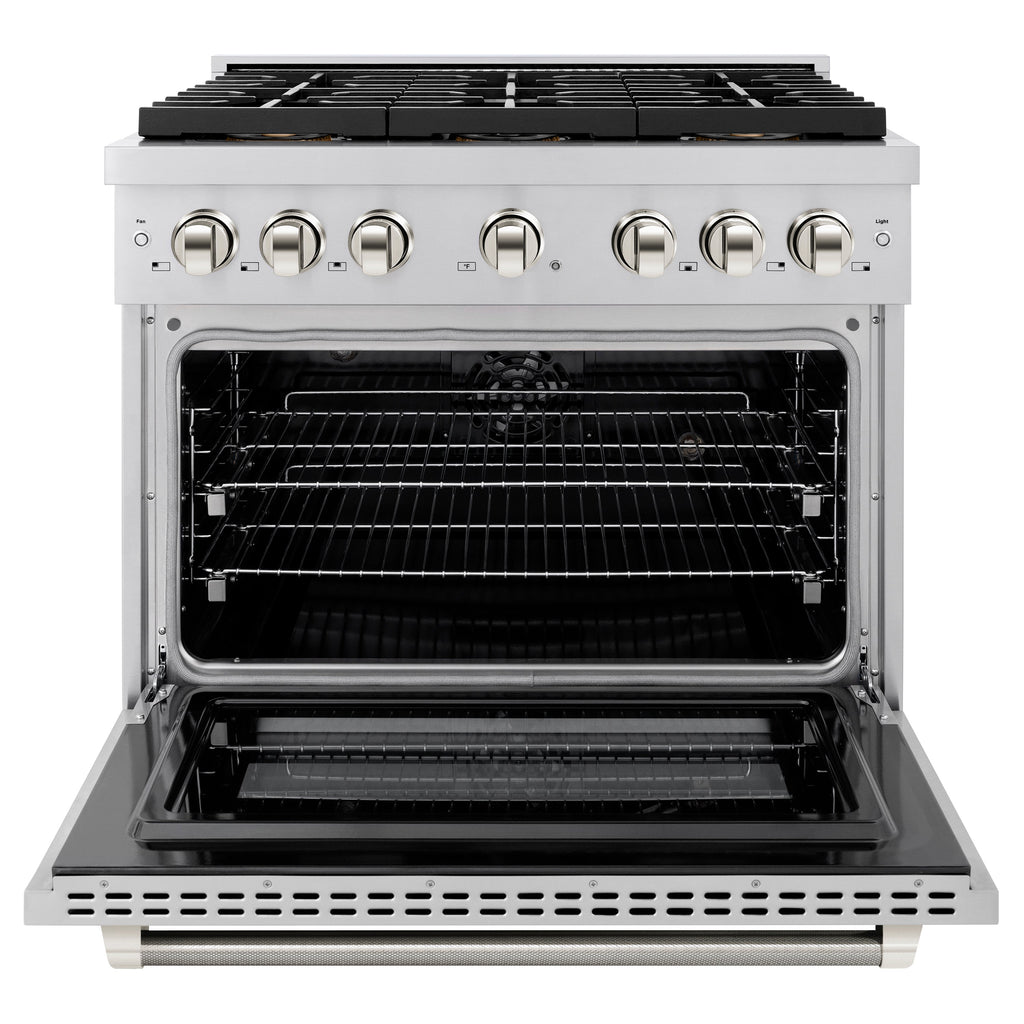 ZLINE 36 in. Dual Fuel Range 5.2 cu. ft. 6 Burner DuoPro™ Cooktop Electric Convection Oven Stainless Steel Polished Nickel Helix Handles (PSDRZ-36-KPN)