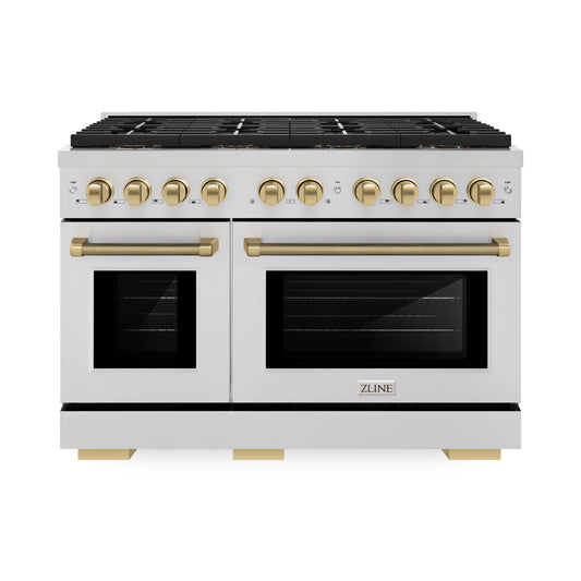 ZLINE 48 in. Dual Fuel Range – 6.7 cu. ft. Paramount Double Oven Range with 8 Burner Gas Cooktop, Stainless Steel, Champagne Bronze Helix Handles & Knob Accents (SDRZ-48-KCB)