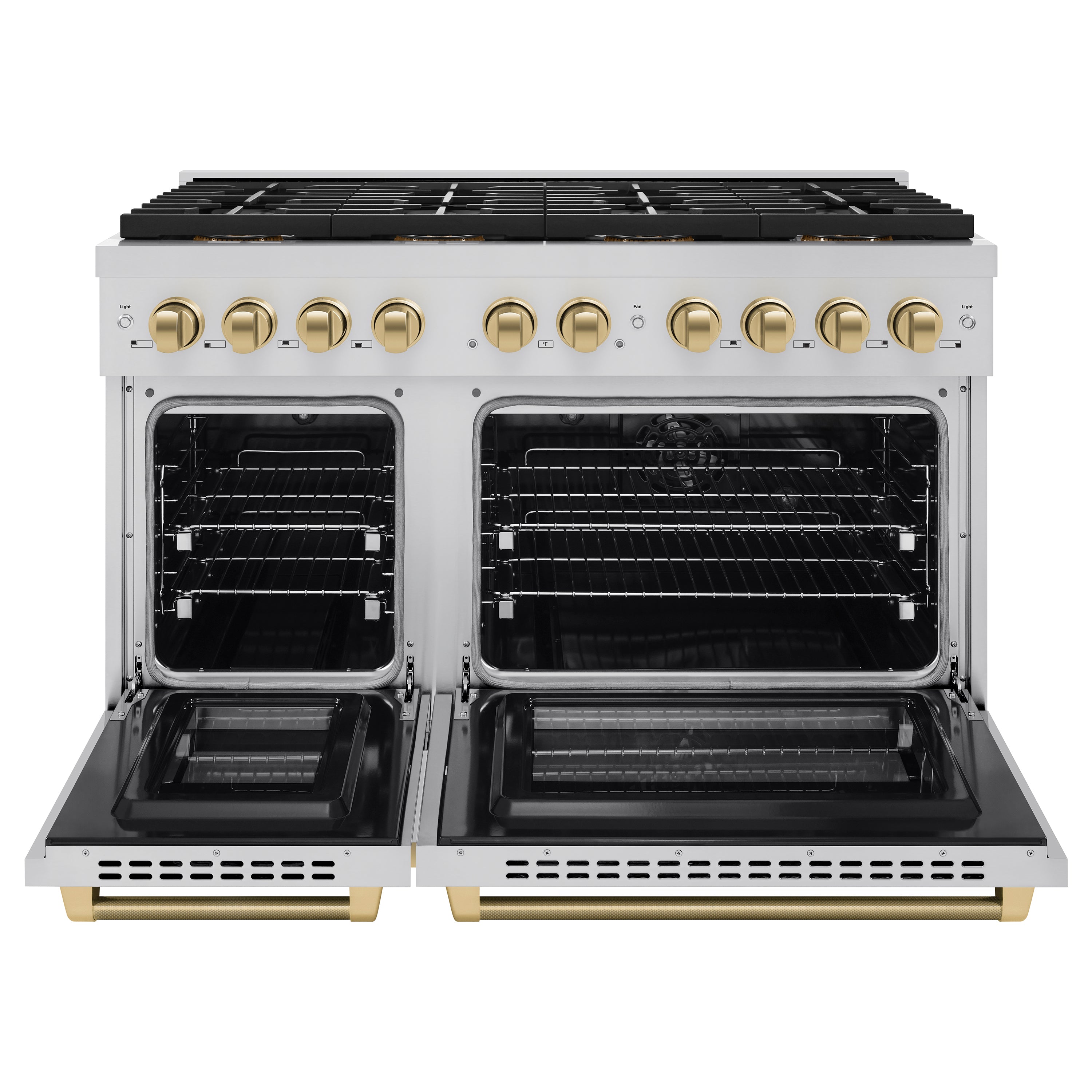 ZLINE 48 in. Dual Fuel Range – 6.7 cu. ft. Paramount Double Oven Range with 8 Burner Gas Cooktop, Stainless Steel, Champagne Bronze Helix Handles & Knob Accents (SDRZ-48-KCB)