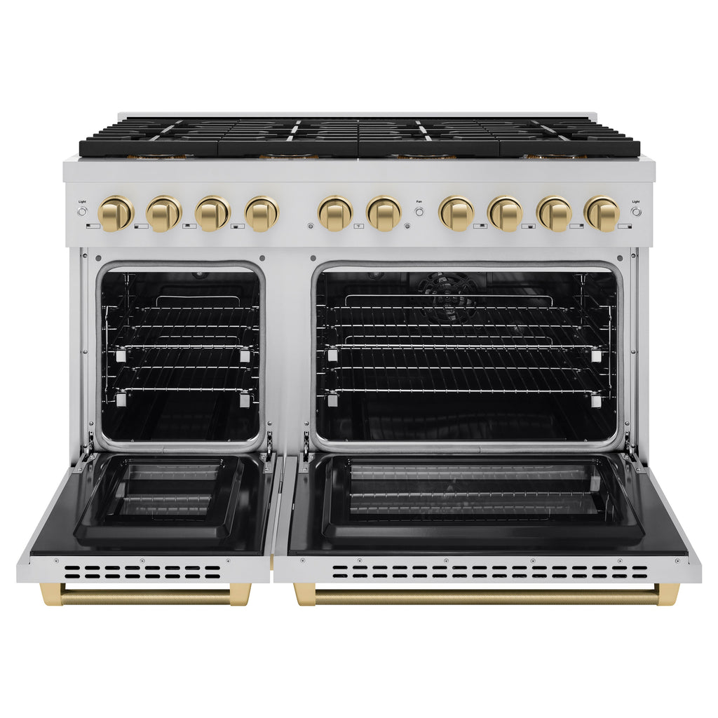 ZLINE 48 in. Dual Fuel Range 6.7 cu. ft. 8 Burner DuoPro™ Cooktop Dual Ovens Champagne Bronze Handles Stainless Steel (PSDRZ-48-KCB)