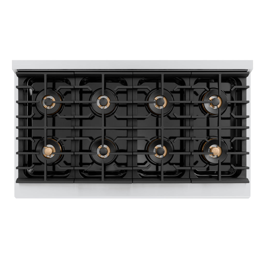 ZLINE 48 in. Dual Fuel Range – 6.7 cu. ft. Paramount Double Oven Range with 8 Burner Gas Cooktop, Stainless Steel, Champagne Bronze Helix Handles & Knob Accents (SDRZ-48-KCB)