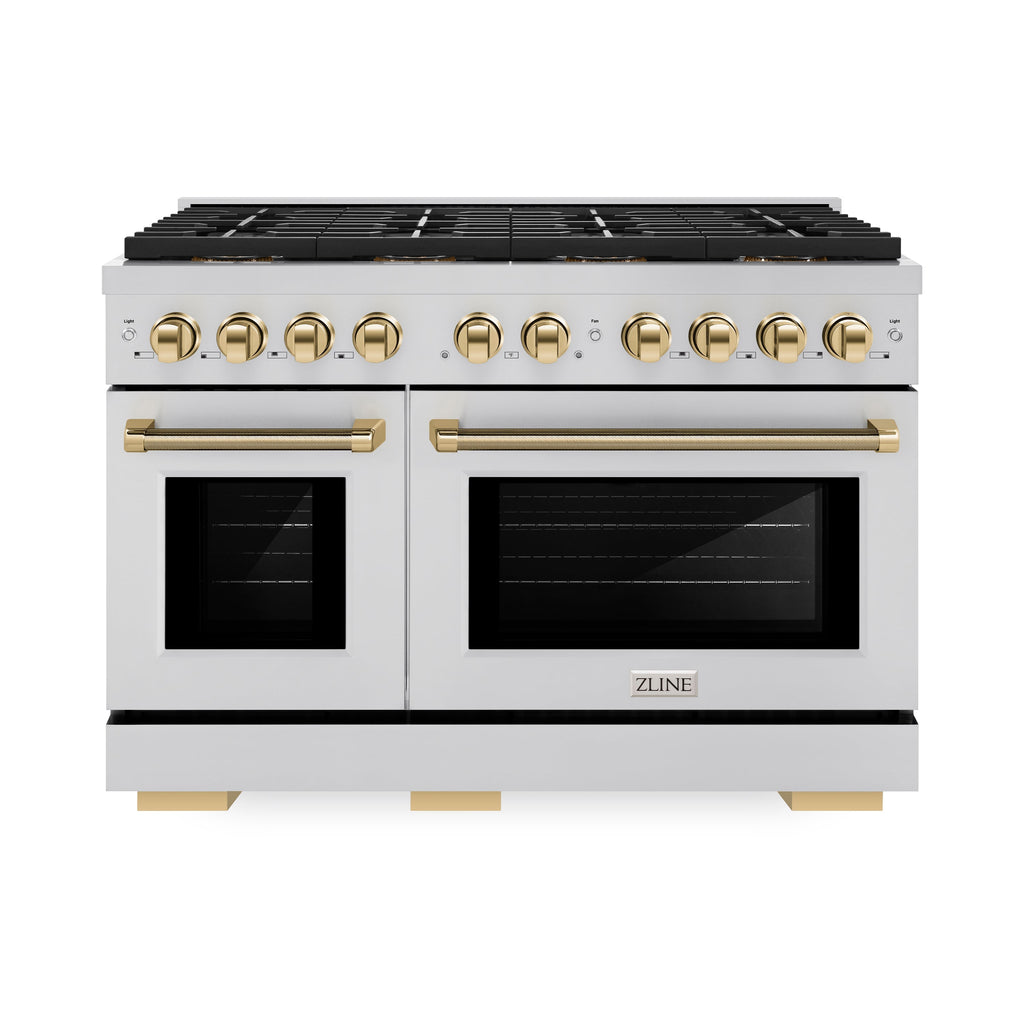ZLINE 48 in. Dual Fuel Range 6.7 cu. ft. 8 Burner DuoPro™ Cooktop Dual Ovens Stainless Steel Polished Gold Helix Handles (PSDRZ-48-KG)