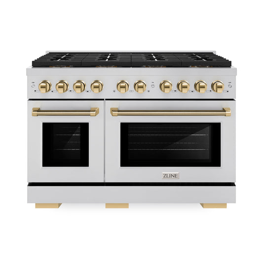 ZLINE 48 in. Dual Fuel Range 6.7 cu. ft. 8 Burner DuoPro™ Cooktop Dual Ovens Stainless Steel Polished Gold Helix Handles (PSDRZ-48-KG)