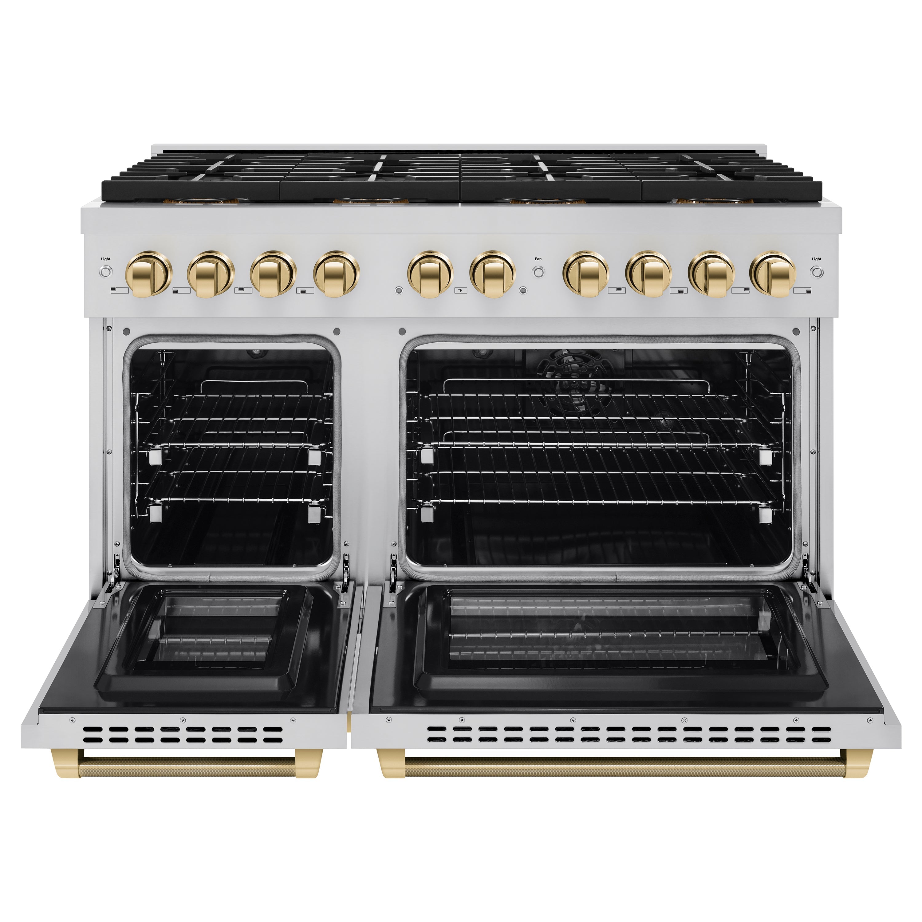 ZLINE 48 in. Dual Fuel Range 6.7 cu. ft. 8 Burner DuoPro™ Cooktop Dual Ovens Stainless Steel Polished Gold Helix Handles (PSDRZ-48-KG)